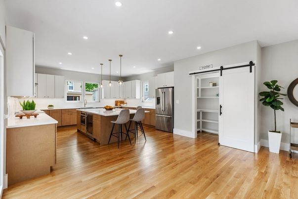 Interior, Kitchen, Pendant Lights, Recessed Lighting, Stainless Steel Appliances, Wood Texture Flooring