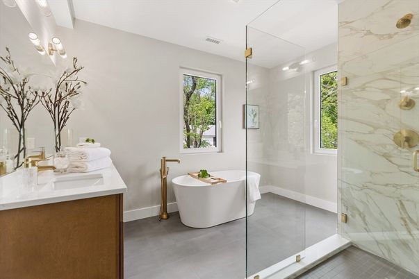 Bathroom, Dual Sink Vanities, Free Standing Baths, Glass Shower, Interior, Marble Walls