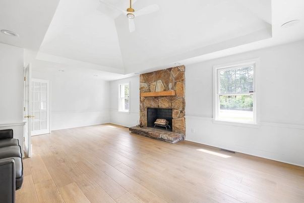 Empty room, Fireplace, Interior, Stone Walls, Wood Texture Flooring