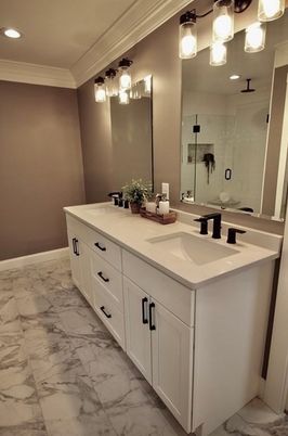 Bathroom, Dual Sink Vanities, Glass Shower, Interior, Marble, Recessed Lighting