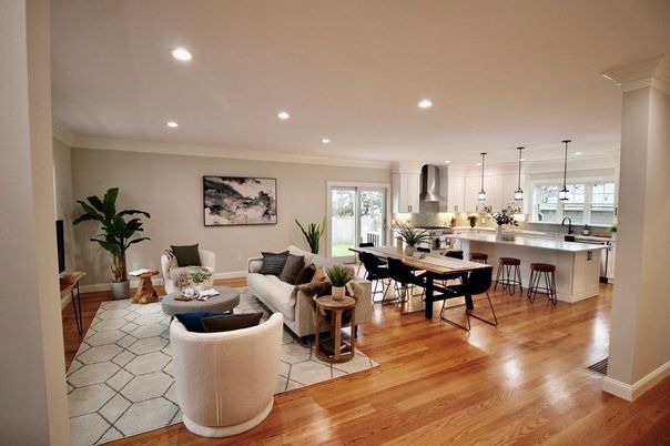 Dining room, Interior, Kitchen, Living room, Pendant Lights, Recessed Lighting, Wood Texture Flooring