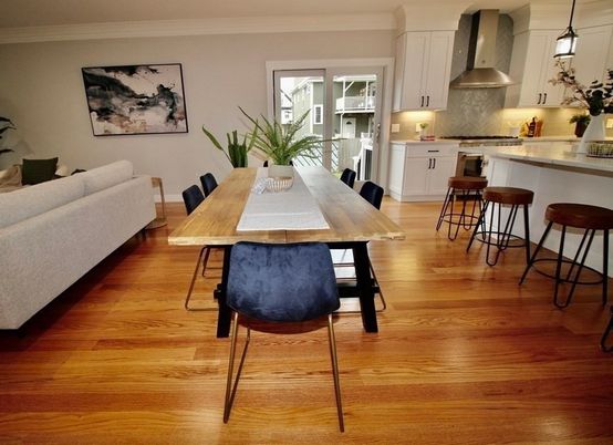 Dining room, Interior, Kitchen, Pendant Lights, Wood Texture Flooring