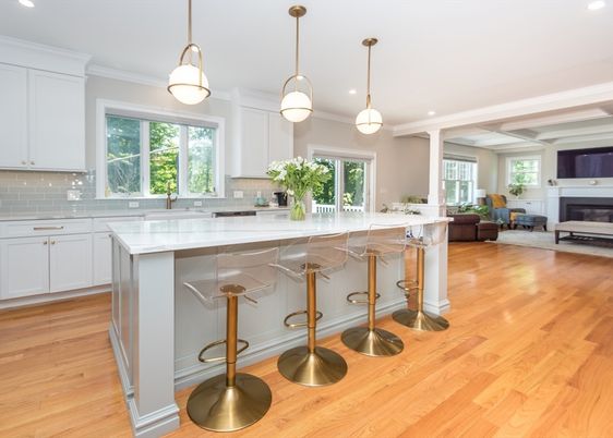 Fireplace, Interior, Kitchen, Pendant Lights, Recessed Lighting, Wood Texture Flooring