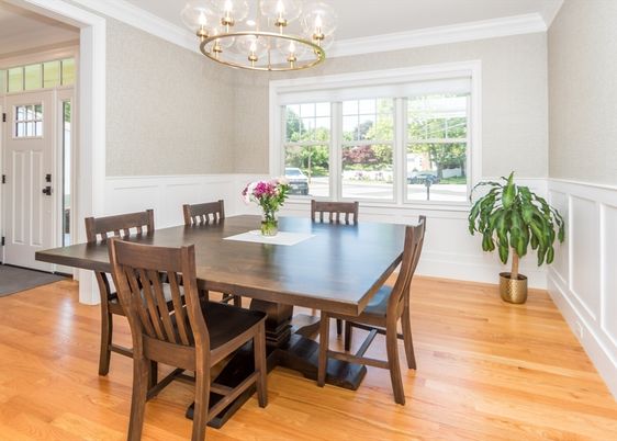 Chandelier, Dining room, Interior, Wood Texture Flooring