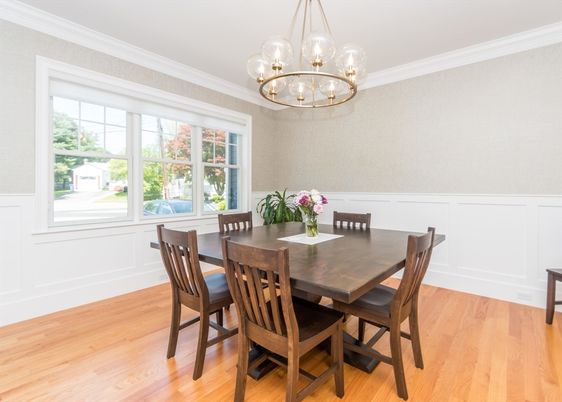 Chandelier, Dining room, Interior, Wood Texture Flooring