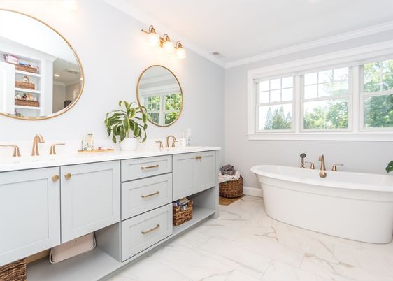 Bathroom, Dual Sink Vanities, Free Standing Baths, Interior, Marble