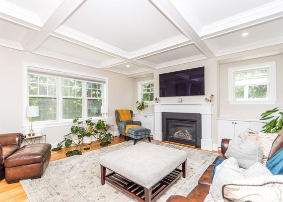 Fireplace, Interior, Living room, Recessed Lighting, Wood Texture Flooring