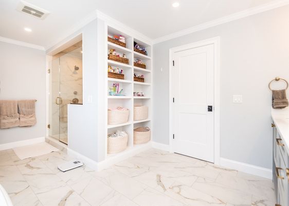 Bathroom, Glass Shower, Interior, Marble, Recessed Lighting