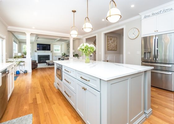 Fireplace, Interior, Kitchen, Living room, Pendant Lights, Recessed Lighting, Stainless Steel Appliances, Wood Texture Flooring