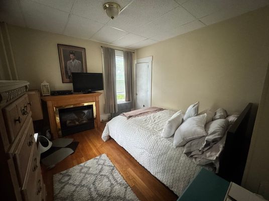 Bedroom, Fireplace, Interior, Wood Texture Flooring