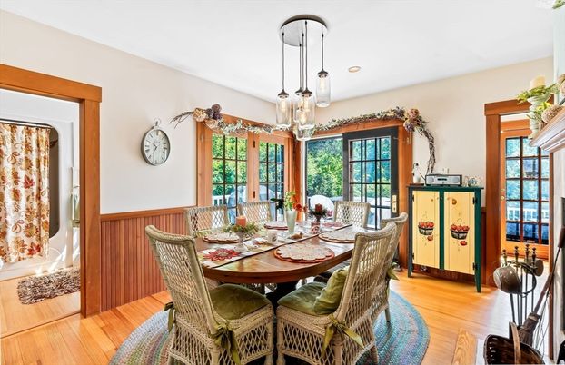 Dining room, Interior, Pendant Lights, Recessed Lighting, Wood Texture Flooring