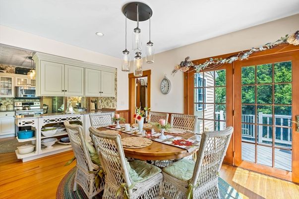 Dining room, Interior, Kitchen, Pendant Lights, Recessed Lighting, Wood Texture Flooring