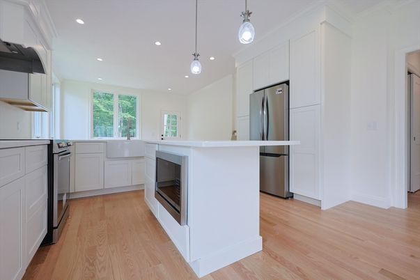 Interior, Kitchen, Pendant Lights, Recessed Lighting, Stainless Steel Appliances, Wood Texture Flooring