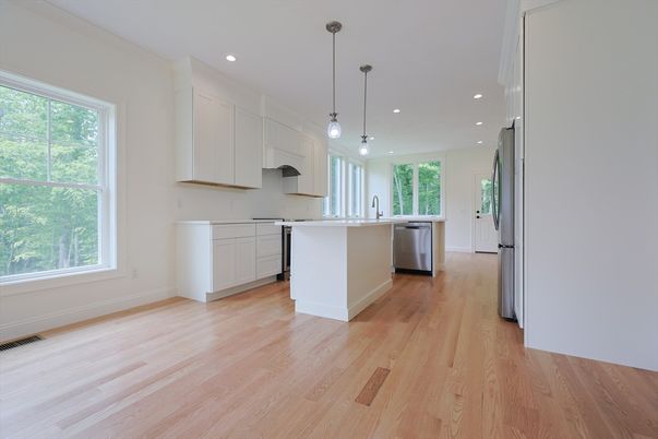 Interior, Kitchen, Pendant Lights, Recessed Lighting, Stainless Steel Appliances, Wood Texture Flooring