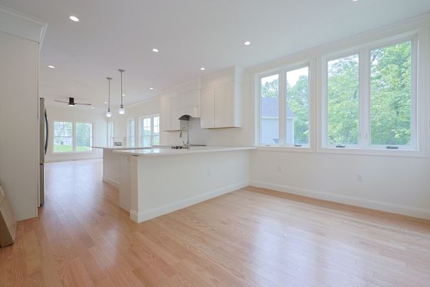 Empty room, Interior, Kitchen, Pendant Lights, Recessed Lighting, Wood Texture Flooring