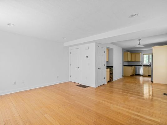 Empty room, Interior, Kitchen, Recessed Lighting, Wood Texture Flooring