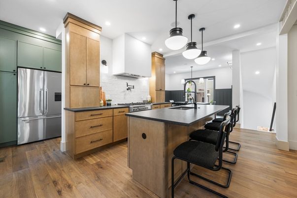 Interior, Kitchen, Pendant Lights, Recessed Lighting, Stainless Steel Appliances, Wood Texture Flooring