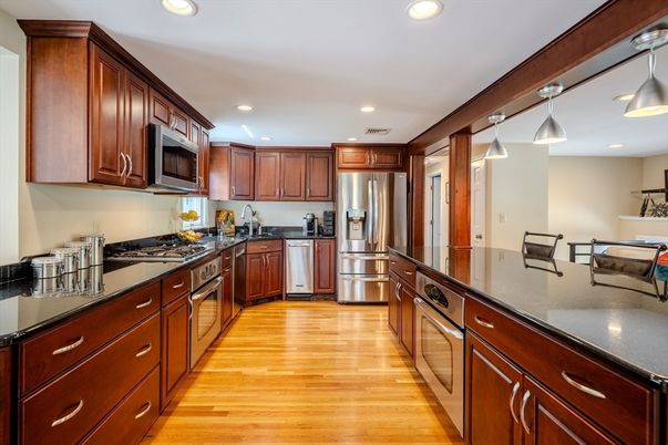 Interior, Kitchen, Pendant Lights, Recessed Lighting, Stainless Steel Appliances, Wood Texture Flooring
