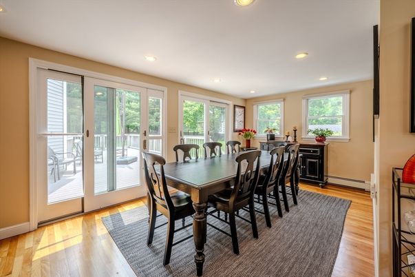 Dining room, Interior, Recessed Lighting, Wood Texture Flooring