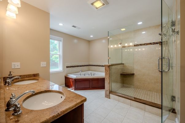 Bathroom, Dual Sink Vanities, Glass Shower, Interior, Recessed Lighting