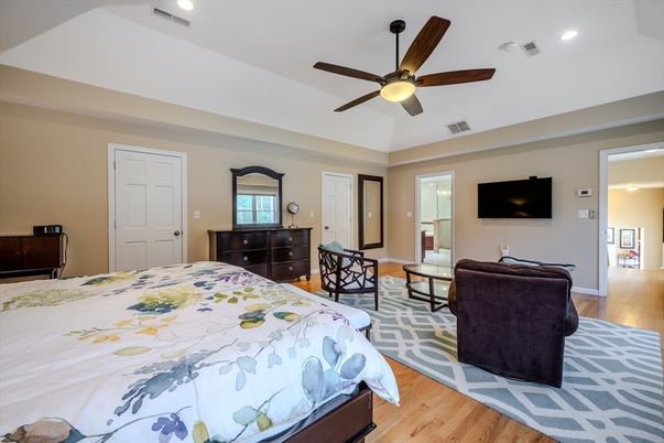 Bedroom, Interior, Recessed Lighting, Wood Texture Flooring
