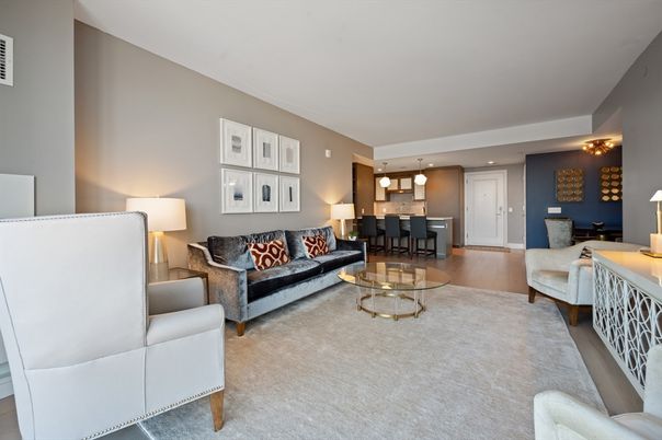 Dining room, Interior, Living room, Pendant Lights, Recessed Lighting, Wood Texture Flooring