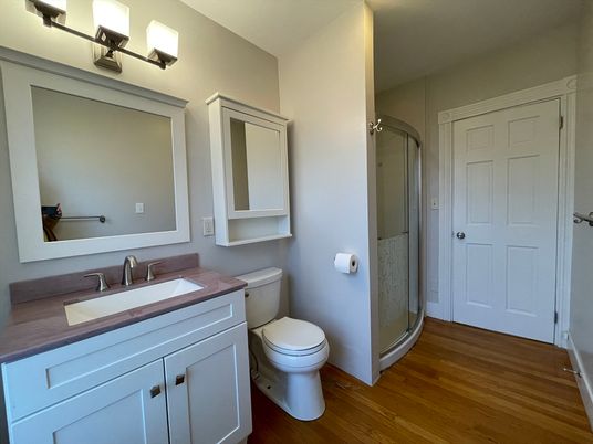 Bathroom, Glass Shower, Interior, Wood Texture Flooring