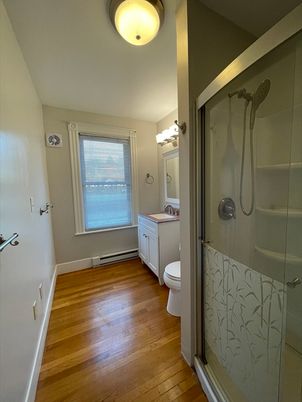 Bathroom, Glass Shower, Interior, Wood Texture Flooring