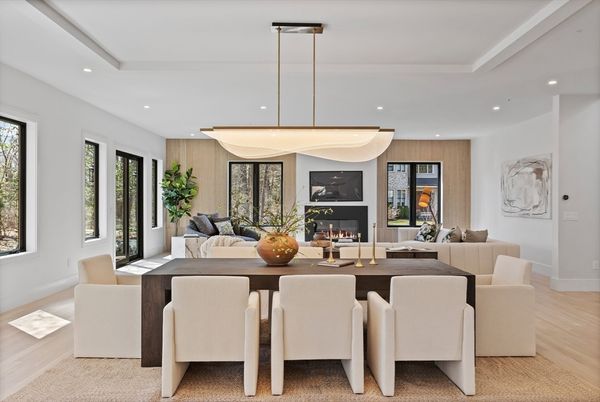 Dining room, Fireplace, Interior, Living room, Pendant Lights, Recessed Lighting, Wood Texture Flooring
