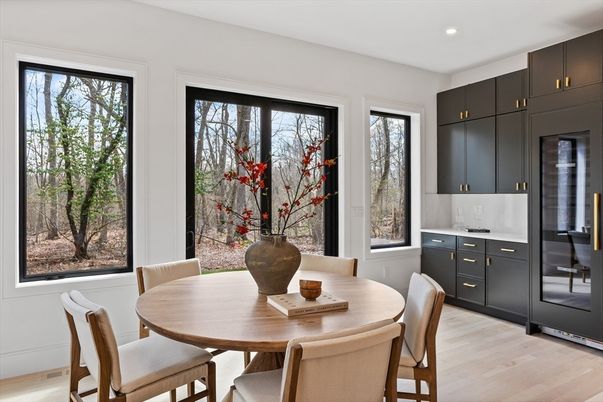 Dining room, Interior, Recessed Lighting, Wood Texture Flooring