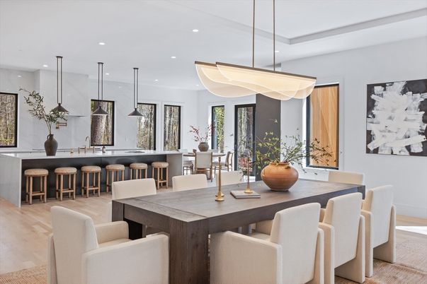 Dining room, Interior, Pendant Lights, Recessed Lighting, Wood Texture Flooring