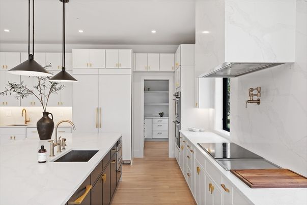 Interior, Kitchen, Marble Walls, Pendant Lights, Recessed Lighting, Wood Texture Flooring