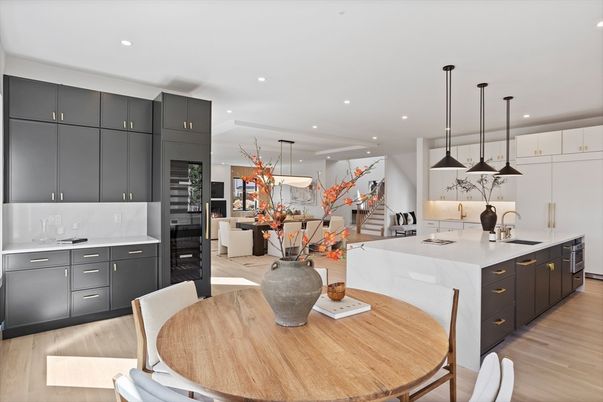 Dining room, Interior, Kitchen, Pendant Lights, Recessed Lighting, Wood Texture Flooring