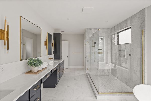 Bathroom, Dual Sink Vanities, Glass Shower, Interior, Marble, Marble Walls, Recessed Lighting