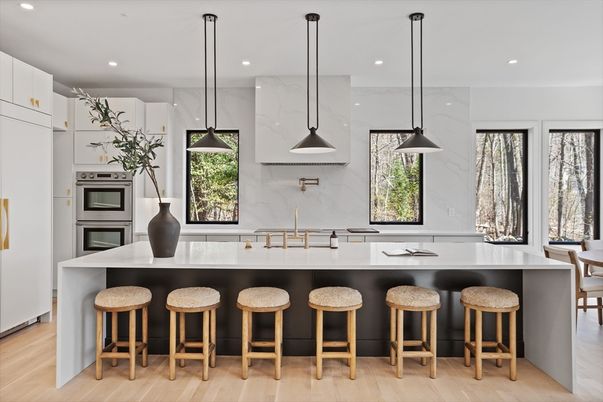 Interior, Kitchen, Marble Walls, Pendant Lights, Recessed Lighting, Stainless Steel Appliances, Wood Texture Flooring