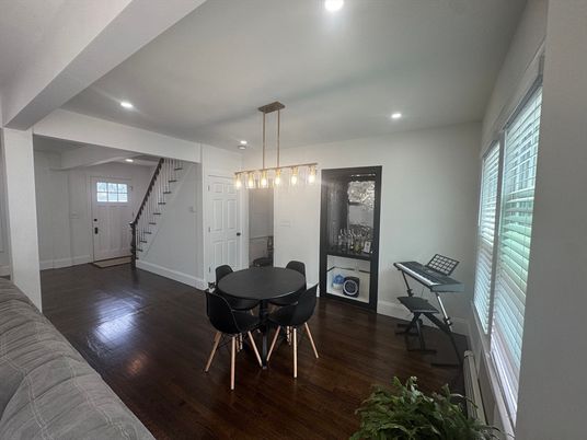 Dining room, Interior, Pendant Lights, Recessed Lighting, Wood Texture Flooring