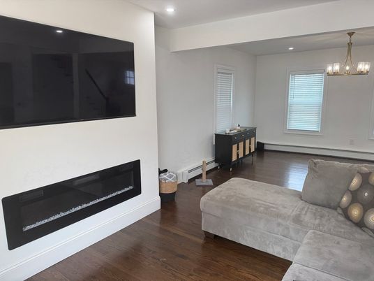 Fireplace, Interior, Living room, Pendant Lights, Recessed Lighting, Wood Texture Flooring