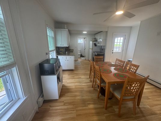 Dining room, Interior, Kitchen, Recessed Lighting, Wood Texture Flooring
