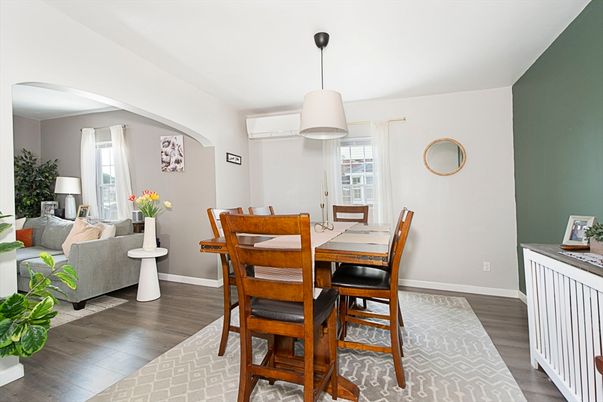 Dining room, Interior, Pendant Lights, Wood Texture Flooring