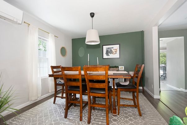 Dining room, Interior, Pendant Lights, Wood Texture Flooring