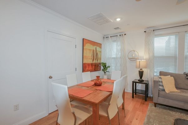 Dining room, Interior, Recessed Lighting, Wood Texture Flooring