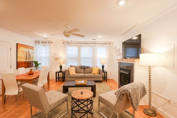 Dining room, Fireplace, Interior, Living room, Recessed Lighting, Wood Texture Flooring