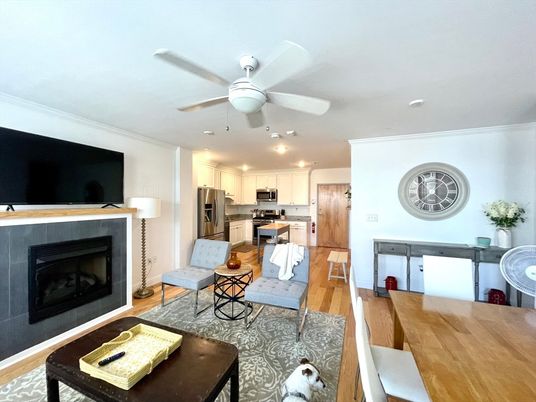 Dining room, Fireplace, Interior, Kitchen, Living room, Stainless Steel Appliances, Wood Texture Flooring