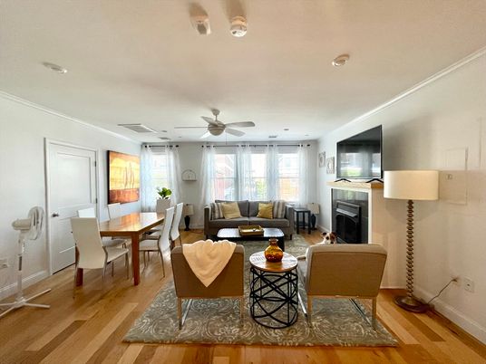 Dining room, Fireplace, Interior, Living room, Wood Texture Flooring