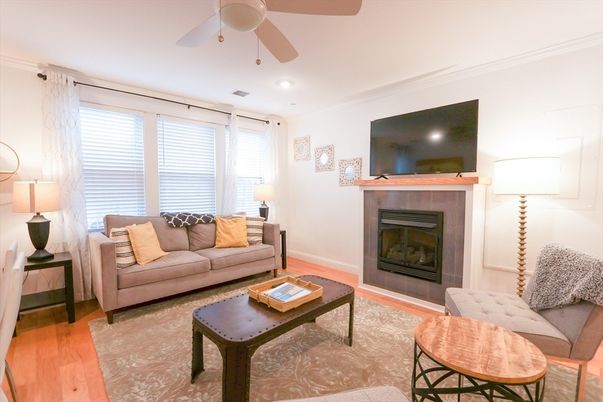Fireplace, Interior, Living room, Recessed Lighting, Wood Texture Flooring