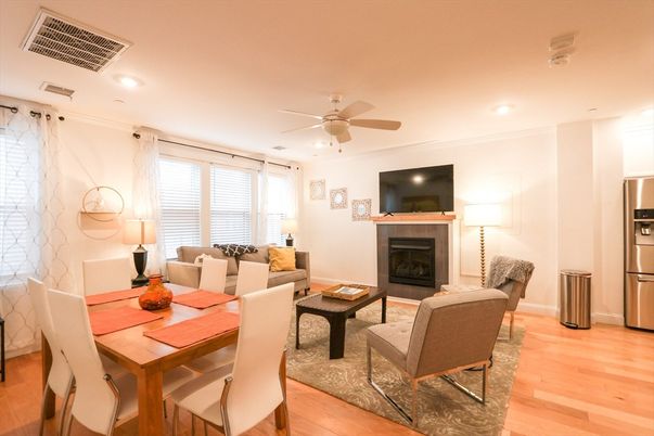 Dining room, Fireplace, Interior, Kitchen, Living room, Recessed Lighting, Stainless Steel Appliances, Wood Texture Flooring