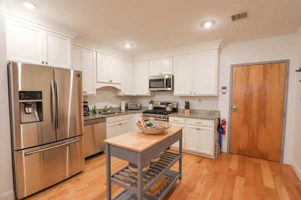 Interior, Kitchen, Recessed Lighting, Stainless Steel Appliances, Wood Texture Flooring