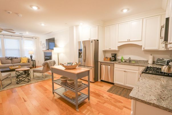 Interior, Kitchen, Living room, Recessed Lighting, Stainless Steel Appliances, Wood Texture Flooring
