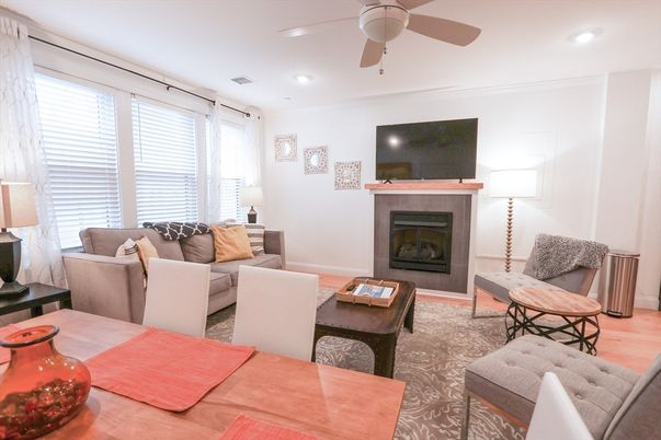 Fireplace, Interior, Living room, Recessed Lighting, Wood Texture Flooring
