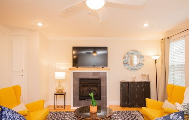 Fireplace, Interior, Recessed Lighting, Wood Texture Flooring